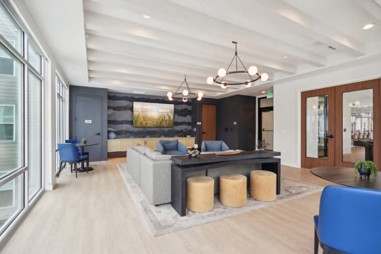 Milwaukee County apartments for rent - image - A modern living room with a blue chair and a grey sofa