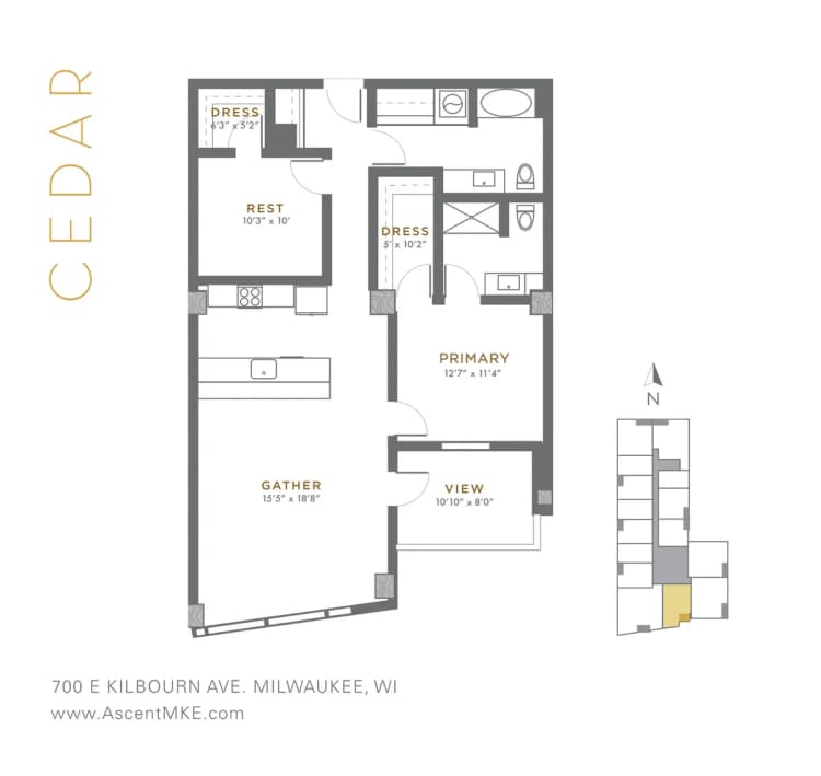 Milwaukee County apartments for rent - image - Cedar - 2 BD / 2 BA - 1,155 SF
