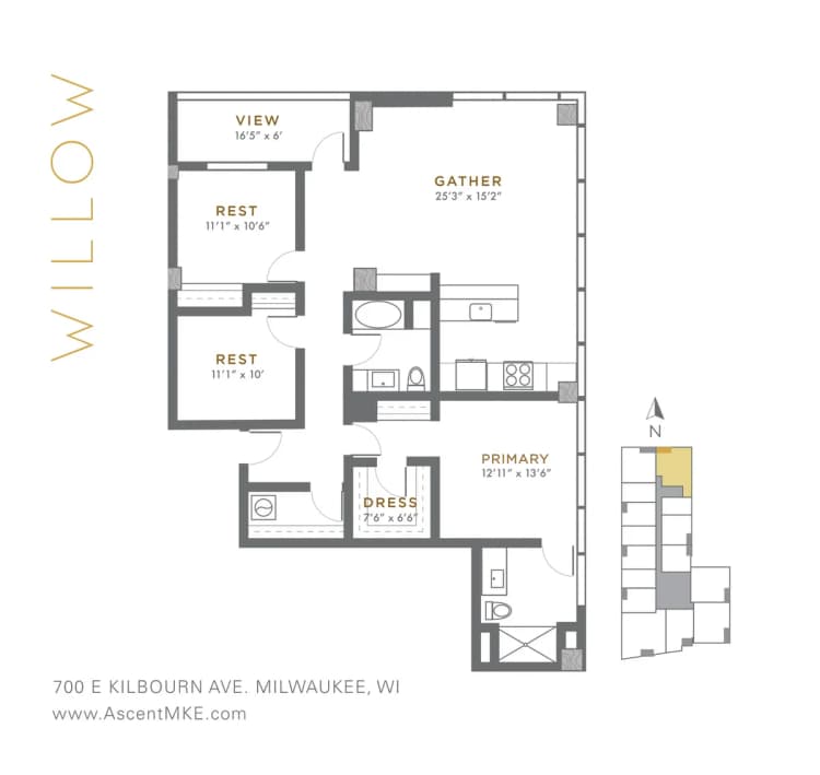 Milwaukee County apartments for rent - image - Willow - 2 BD + Den / 2 BA - 1,494 SF