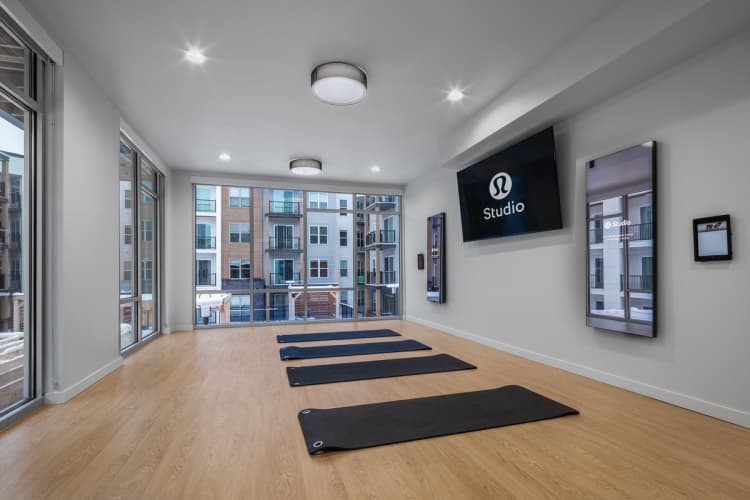 Milwaukee County apartments for rent - image - a yoga room with yoga mats on the floor and a large screen on the wall